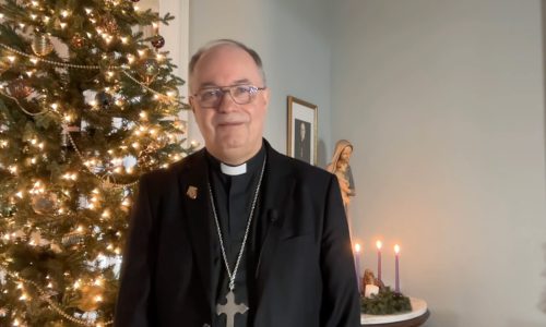 Bishop standing in front of a Christmas tree and Advent wreath.